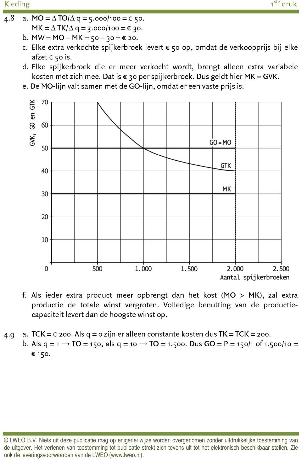 f. Als ieder extra product meer opbrengt dan het kost (MO > MK), zal extra productie de totale winst vergroten. Volledige benutting van de productiecapaciteit levert dan de hoogste winst op.
