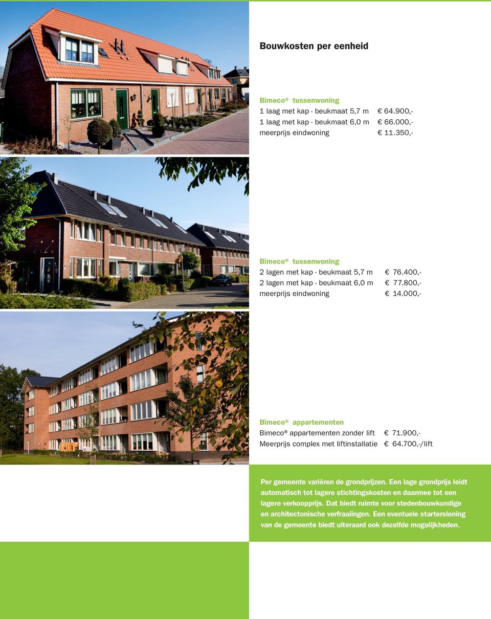 000,- Bimeco appartementen Bimeco appartementen zonder lift 71.900,- Meerprijs complex met liftinstallatie 64.700,-/lift Per gemeente variëren de grondprijzen.