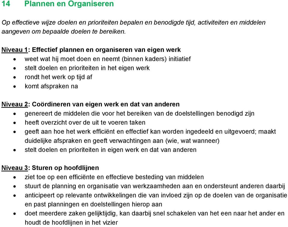 afspraken na Niveau 2: Coördineren van eigen werk en dat van anderen genereert de middelen die voor het bereiken van de doelstellingen benodigd zijn heeft overzicht over de uit te voeren taken geeft