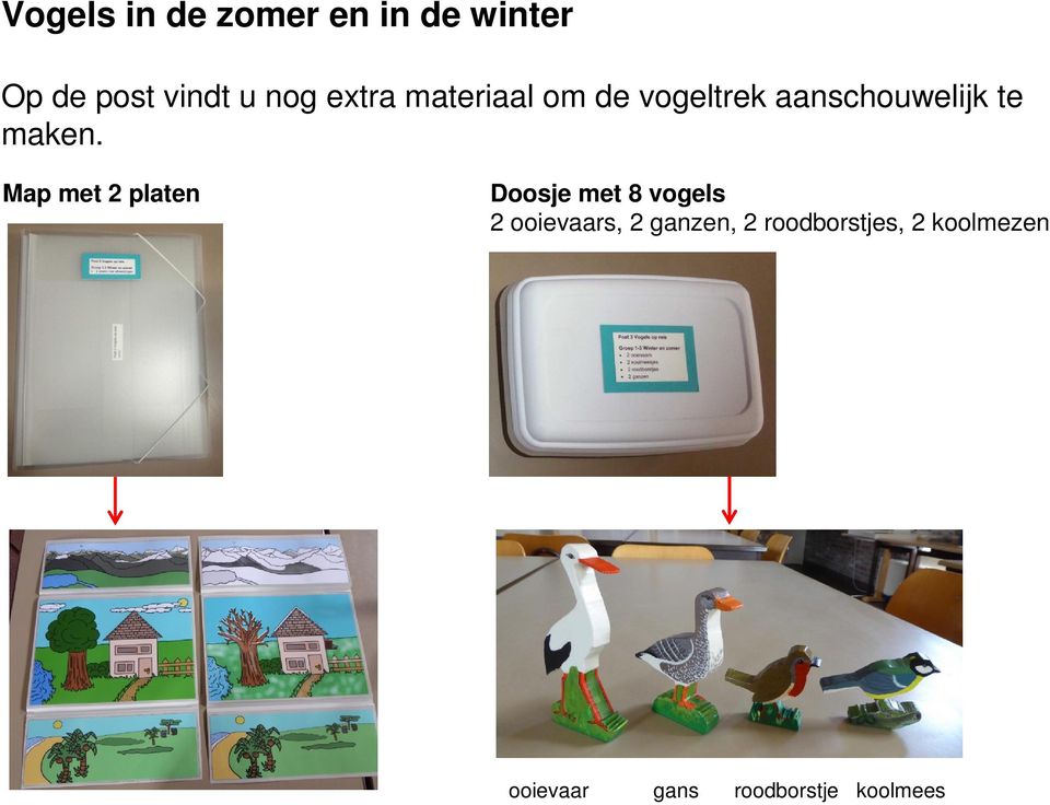 Map met 2 platen Doosje met 8 vogels 2 ooievaars, 2 ganzen, 2