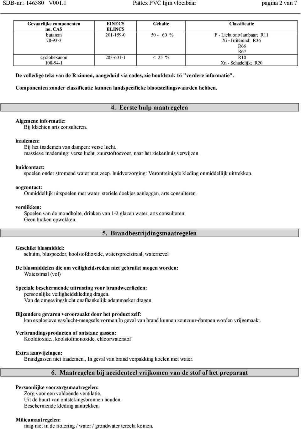 volledige teks van de R zinnen, aangeduid via codes, zie hoofdstuk 16 "verdere informatie". Componenten zonder classificatie kunnen landspecifieke blootstellingswaarden hebben.