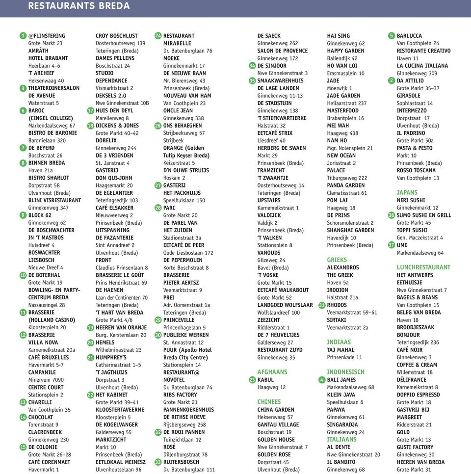 Ginnekenweg 62 DE BOSCHWACHTER IN T MASTBOS Huisdreef 4 BOSWACHTER LIESBOSCH Nieuwe Dreef 4 DE BOTERHAL Grote Markt 19 BOWLING- EN PARTY- CENTRUM BREDA Nassausingel 28 BRASSERIE (HOLLAND CASINO)