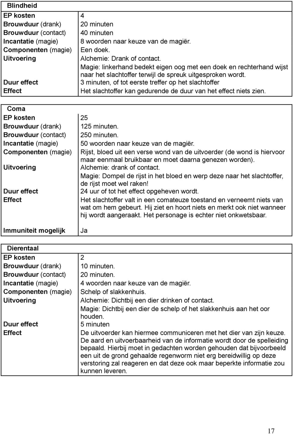 3 minuten, of tot eerste treffer op het slachtoffer Het slachtoffer kan gedurende de duur van het effect niets zien. Coma EP kosten 25 Brouwduur (drank) 125 minuten. Brouwduur (contact) 250 minuten.