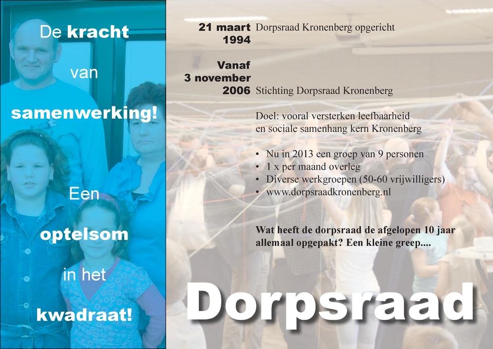 Doel: vooral versterken leefbaarheid en sociale samenhang kern Kronenberg Nu in 2013 een groep van 9 personen 1