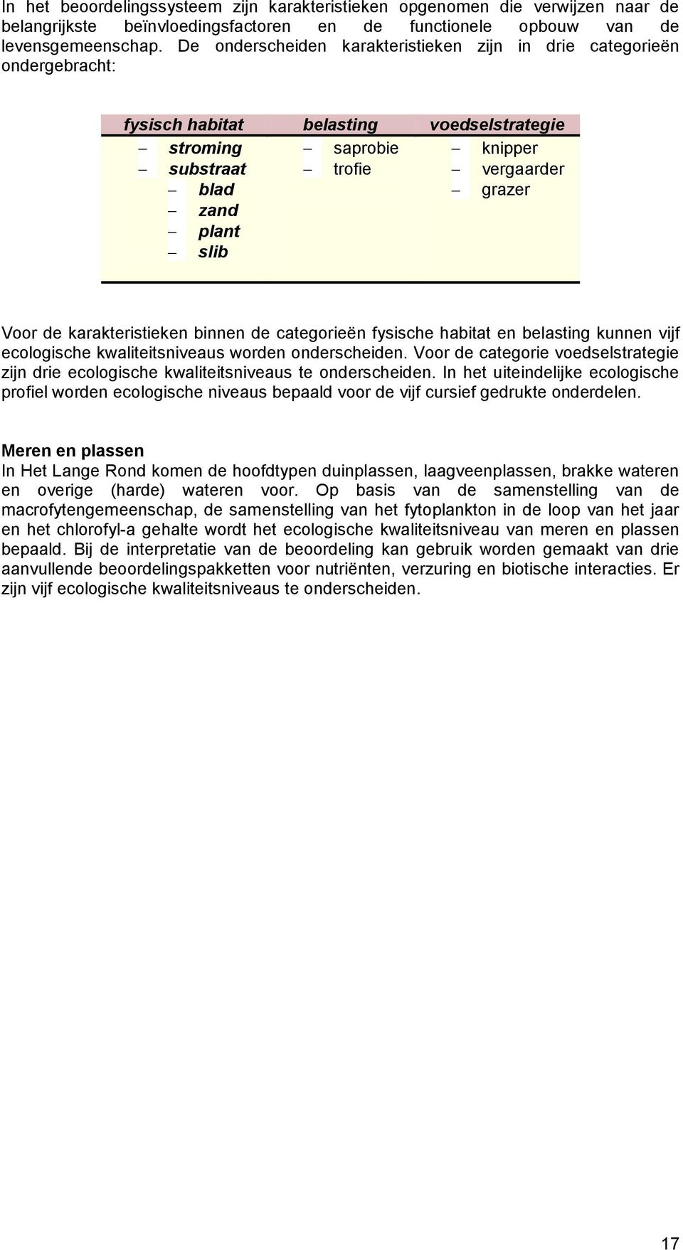 Voor de karakteristieken binnen de categorieën fysische habitat en belasting kunnen vijf ecologische kwaliteitsniveaus worden onderscheiden.