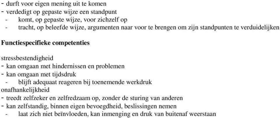 problemen - kan omgaan met tijdsdruk - blijft adequaat reageren bij toenemende werkdruk onafhankelijkheid - treedt zelfzeker en zelfredzaam op, zonder de