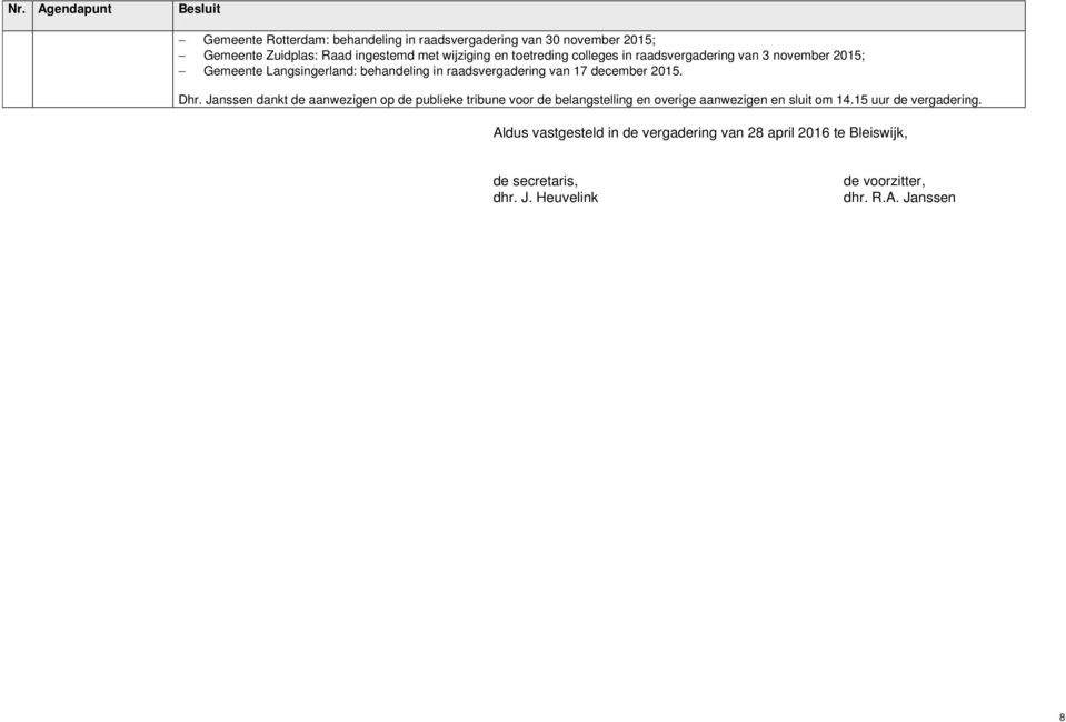 2015. Dhr. Janssen dankt de aanwezigen op de publieke tribune voor de belangstelling en overige aanwezigen en sluit om 14.