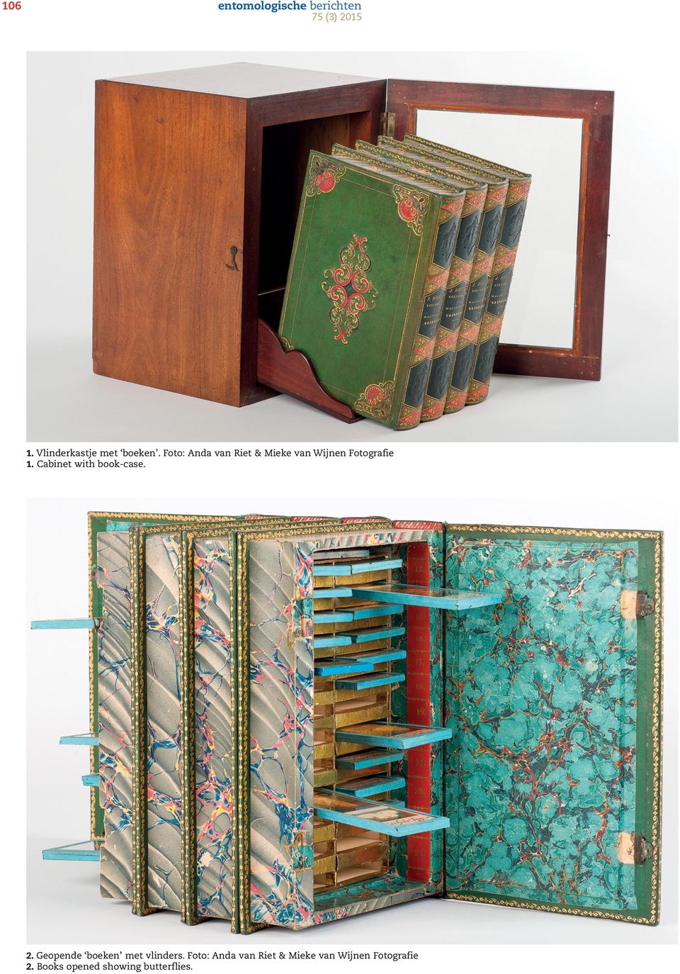 Cabinet with book-case. 2. Geopende boeken met vlinders.