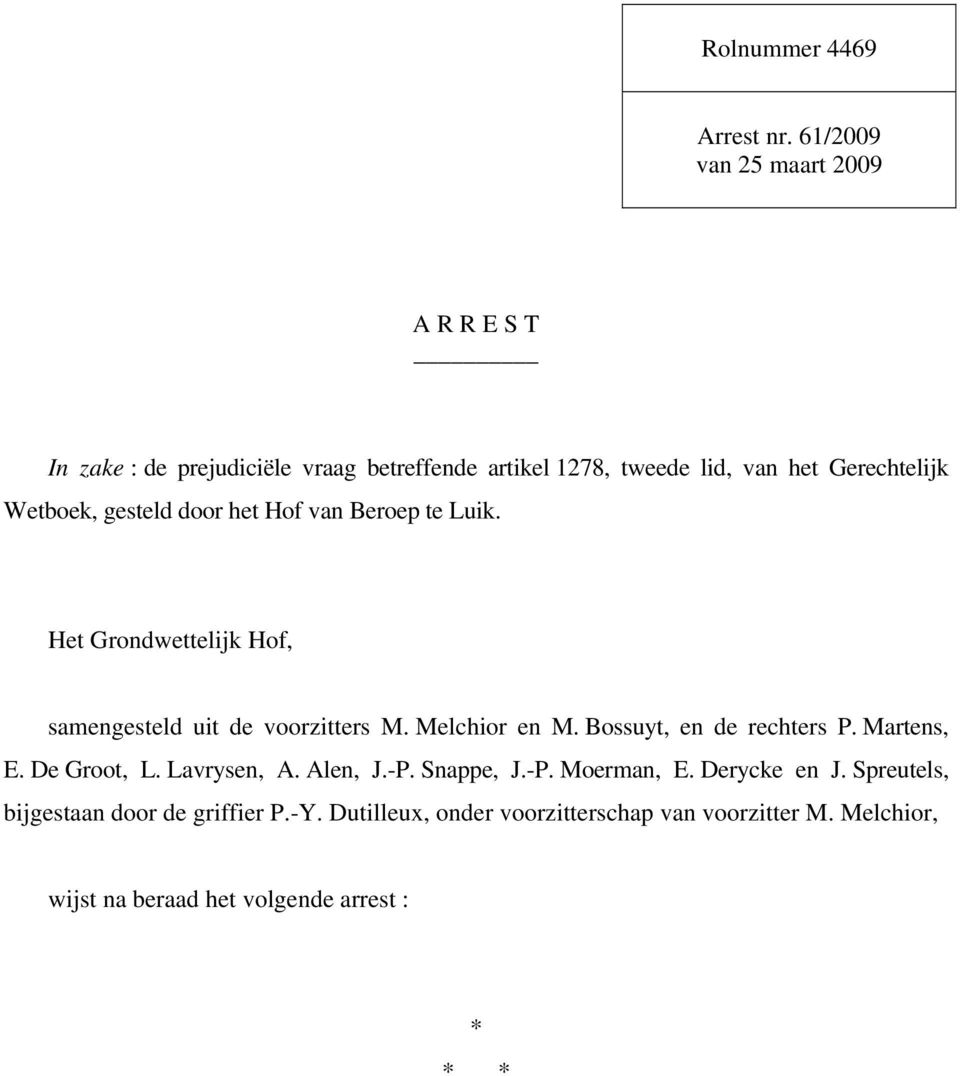 Wetboek, gesteld door het Hof van Beroep te Luik. Het Grondwettelijk Hof, samengesteld uit de voorzitters M. Melchior en M.