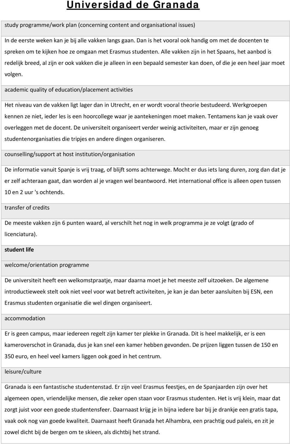 Alle vakken zijn in het Spaans, het aanbod is redelijk breed, al zijn er ook vakken die je alleen in een bepaald semester kan doen, of die je een heel jaar moet volgen.