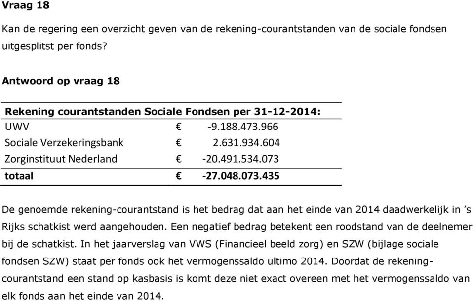totaal -27.048.073.435 De genoemde rekening-courantstand is het bedrag dat aan het einde van 2014 daadwerkelijk in s Rijks schatkist werd aangehouden.