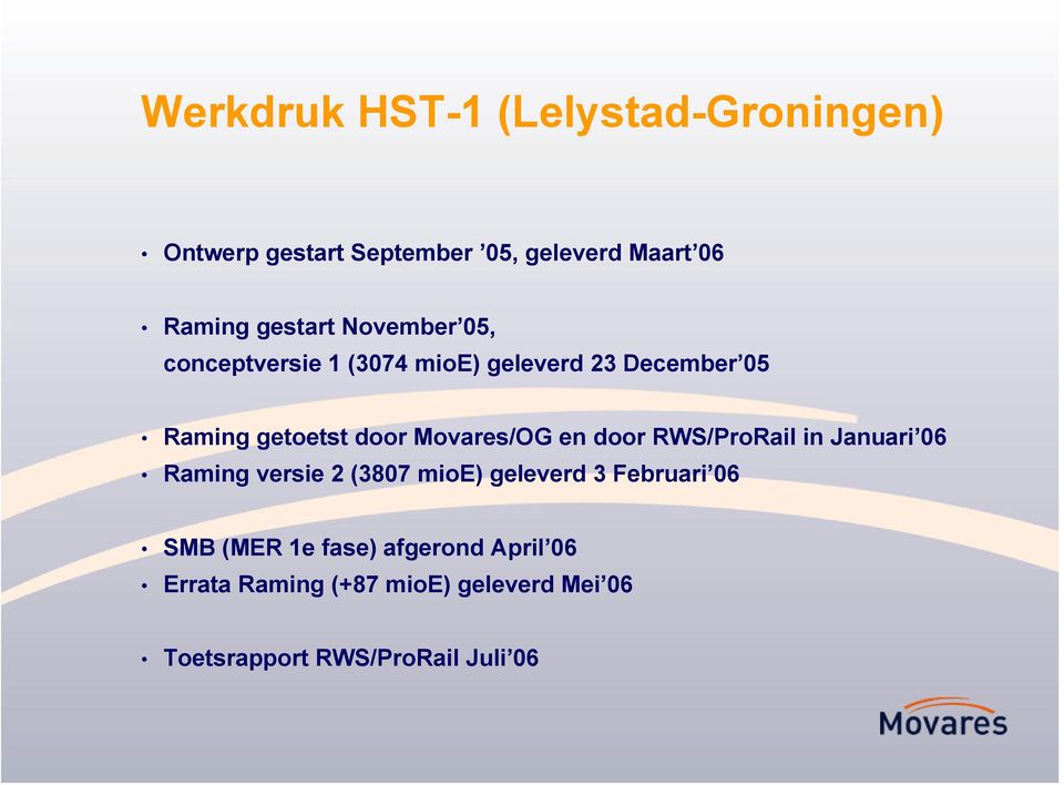 Movares/OG en door RWS/ProRail in Januari 06 Raming versie 2 (3807 mioe) geleverd 3 Februari 06