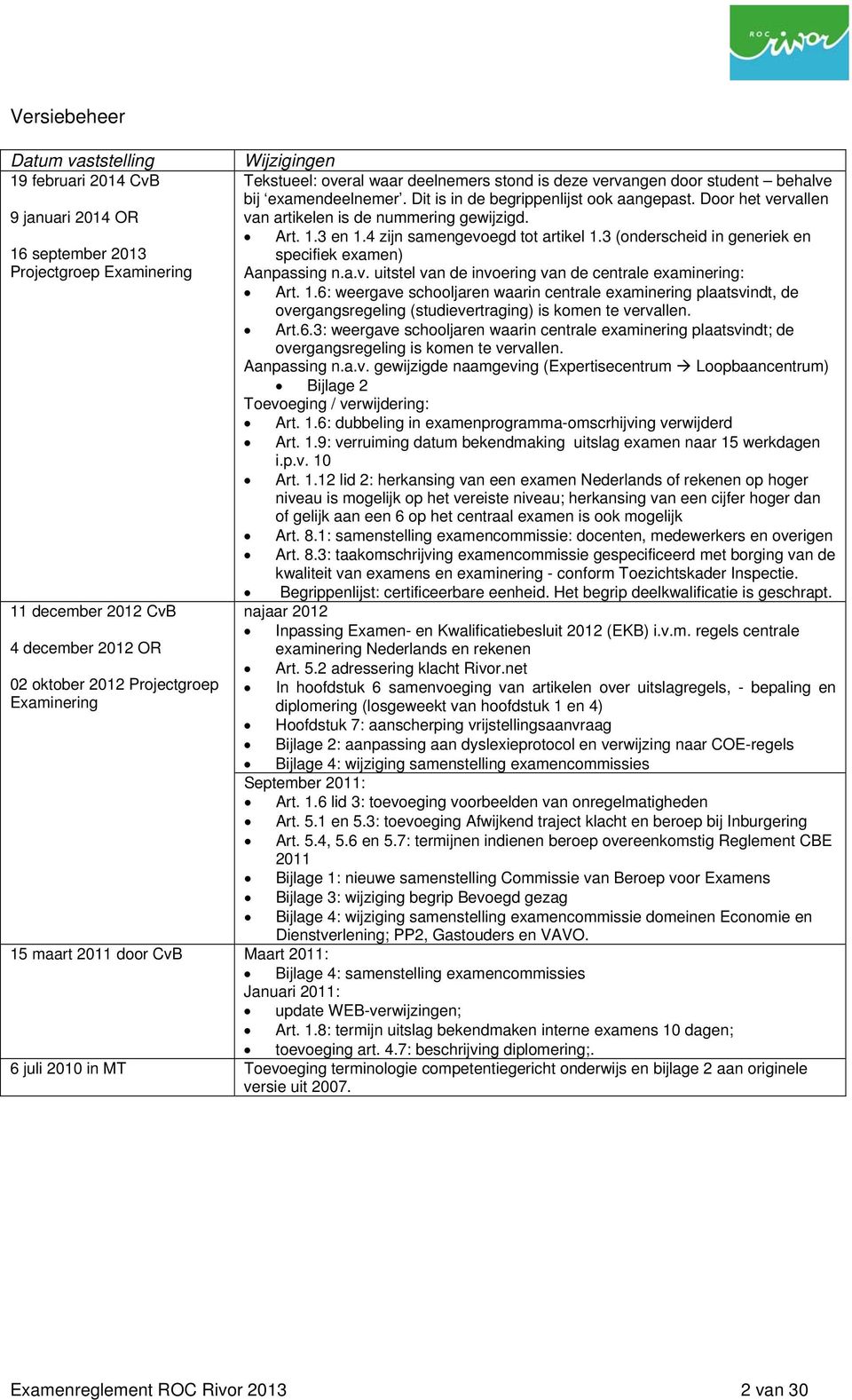 Door het vervallen van artikelen is de nummering gewijzigd. Art. 1.3 en 1.4 zijn samengevoegd tot artikel 1.3 (onderscheid in generiek en specifiek examen) Aanpassing n.a.v. uitstel van de invoering van de centrale examinering: Art.