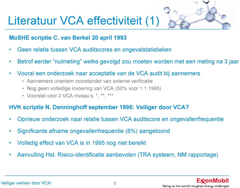 acceptatie van de VCA audit bij aannemers Aannemers unaniem voorstander van externe verificatie Nog geen volledige invoering van VCA (50% voor 1.