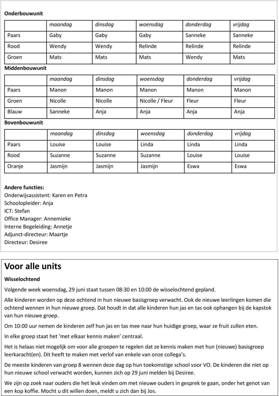 vrijdag Paars Louise Louise Linda Linda Linda Rood Suzanne Suzanne Suzanne Louise Louise Oranje Jasmijn Jasmijn Jasmijn Eswa Eswa Andere functies: Onderwijsassistent: Karen en Petra Schoolopleider: