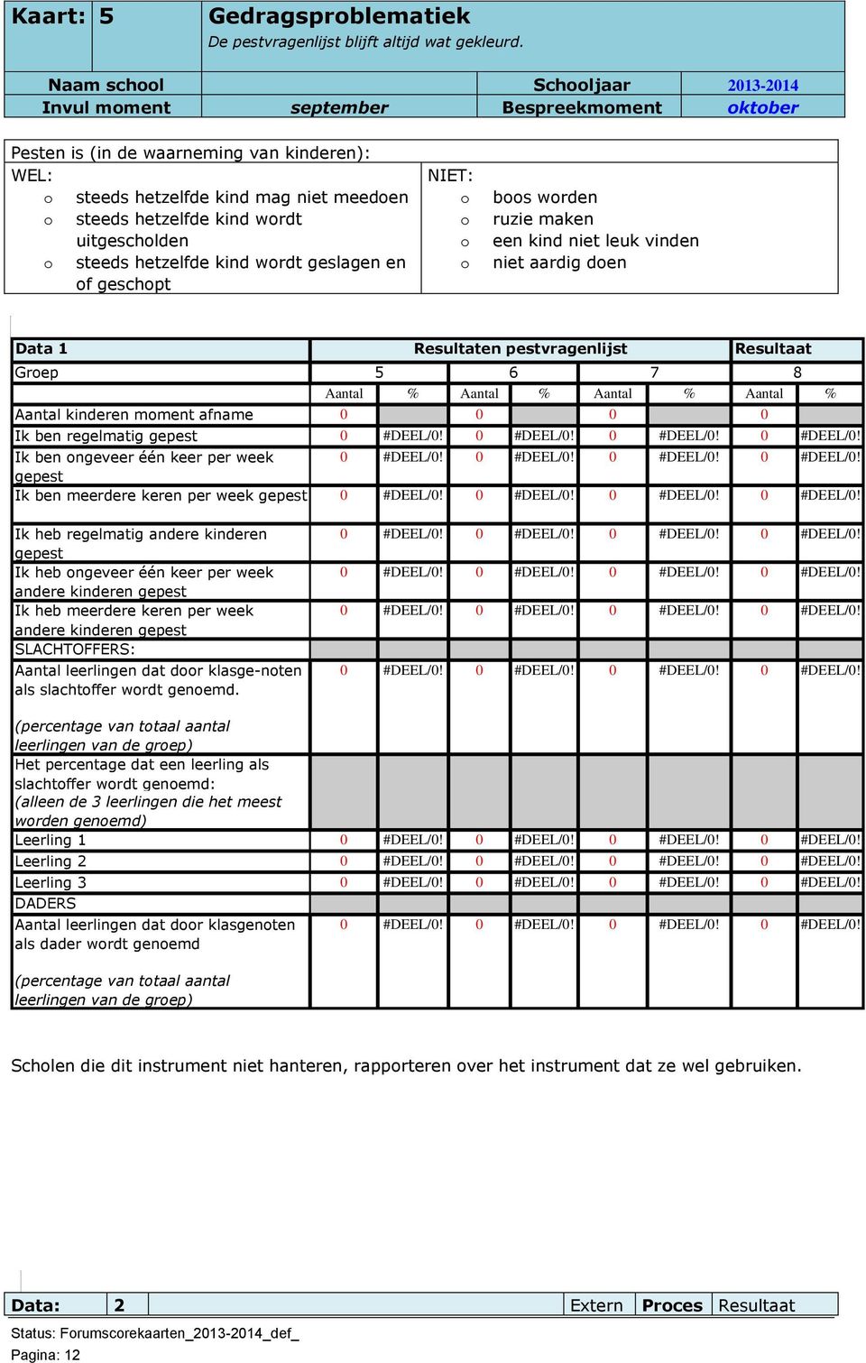 uitgescholden o steeds hetzelfde kind wordt geslagen en of geschopt NIET: o o o o boos worden ruzie maken een kind niet leuk vinden niet aardig doen Data 1 Groep 5 Resultaten pestvragenlijst 6 7