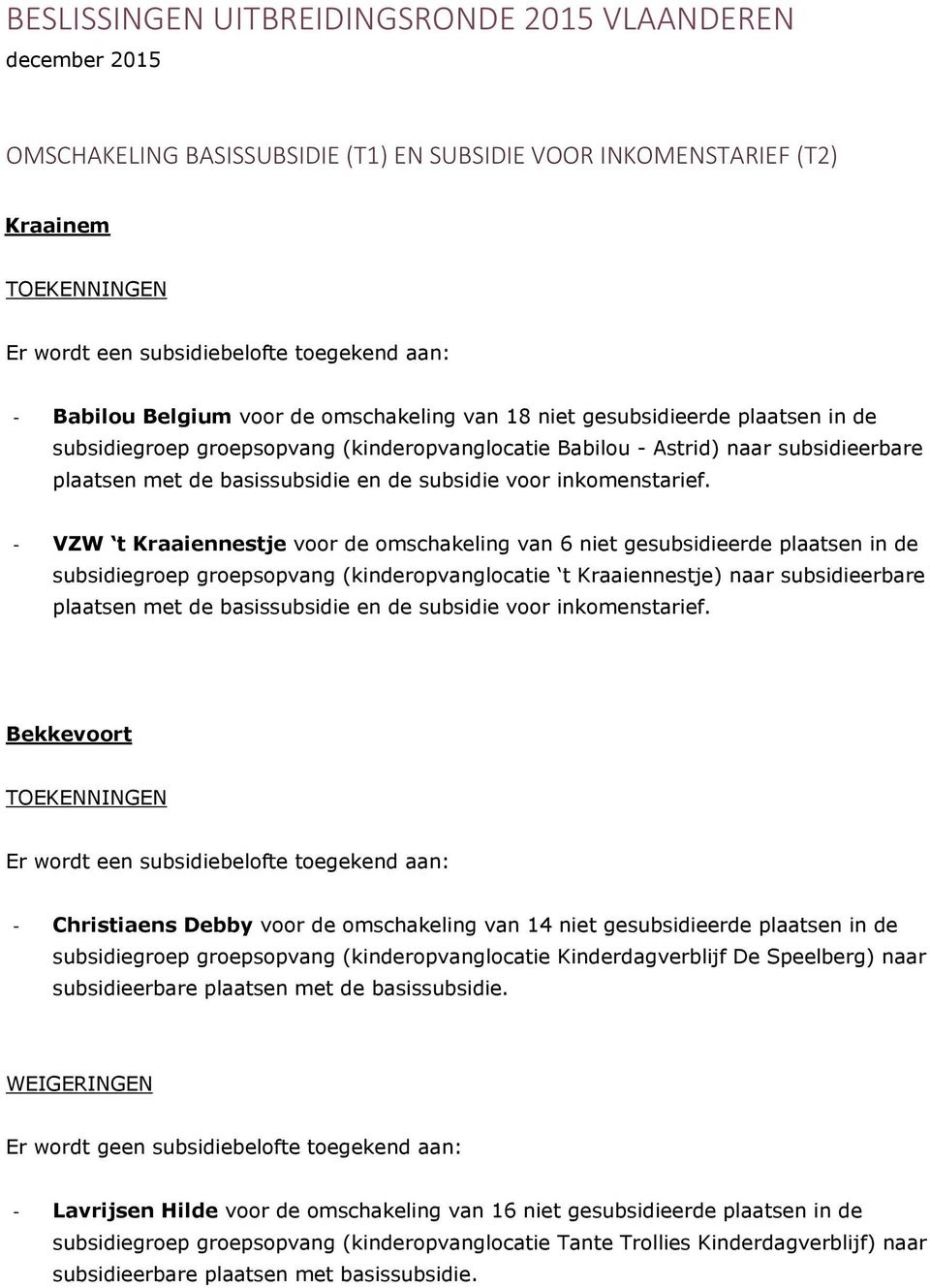 - VZW t Kraaiennestje voor de omschakeling van 6 niet gesubsidieerde plaatsen in de subsidiegroep groepsopvang (kinderopvanglocatie t Kraaiennestje) naar subsidieerbare plaatsen met de basissubsidie