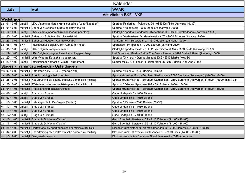 sporthal Denderdal - Kortestraat 14-9320 Erembodegem (Aanvang 13u30) zo 22-10-06 multistijl Beker van Schoten - Kumitewedstrijd Sporthal Vordenstein - Vordensteinstraat 76-2900 Schoten (Aanvang 9u30)