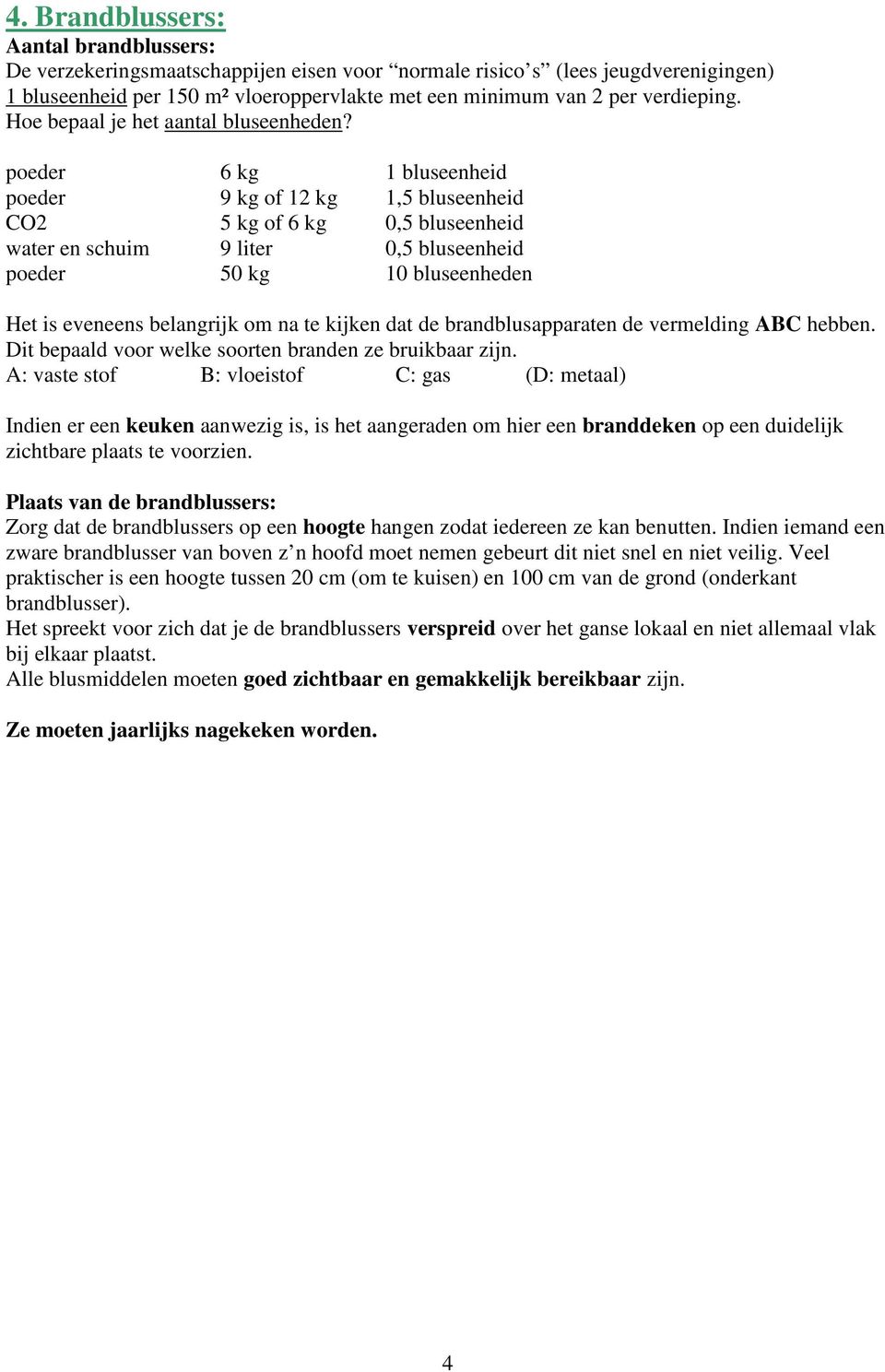 poeder 6 kg 1 bluseenheid poeder 9 kg of 12 kg 1,5 bluseenheid CO2 5 kg of 6 kg 0,5 bluseenheid water en schuim 9 liter 0,5 bluseenheid poeder 50 kg 10 bluseenheden Het is eveneens belangrijk om na