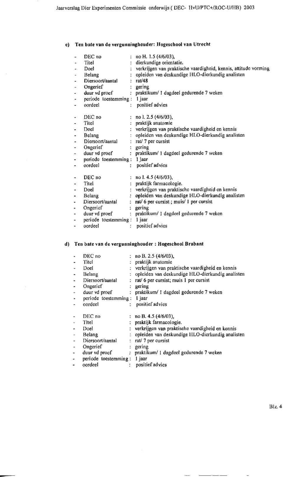 5 (4/6/03), praktijk anatomie opleiden van deskundige HLO-dierkundig analisten rat/ 7 per cursist praktikum/! dagdeel gedurende 7 weken no 1. 4.5 (4/6/03), praktijk farmacologie.