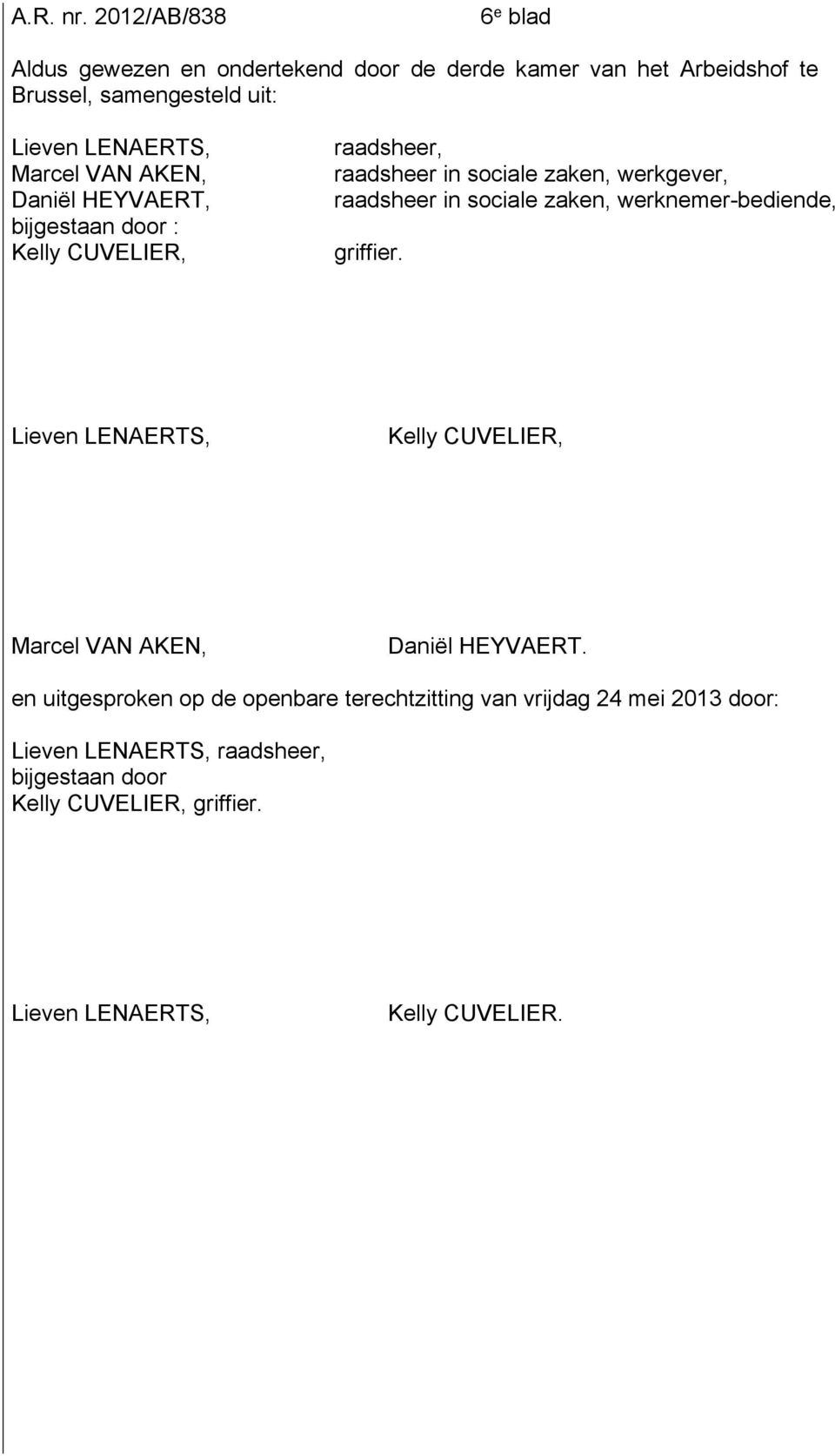 werknemer-bediende, griffier. Lieven LENAERTS, Kelly CUVELIER, Marcel VAN AKEN, Daniël HEYVAERT.