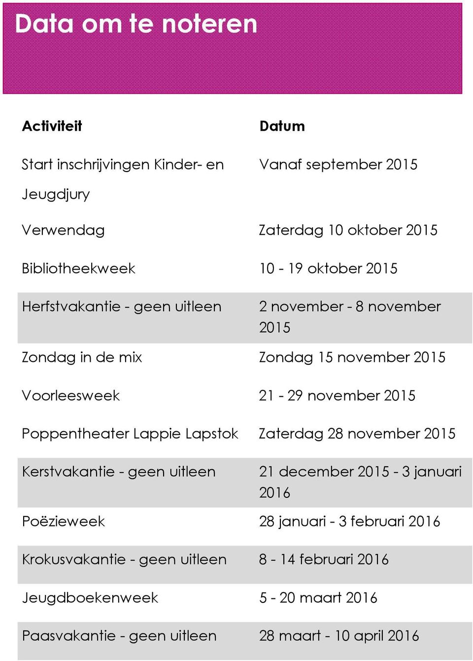 21-29 november 2015 Poppentheater Lappie Lapstok Zaterdag 28 november 2015 Kerstvakantie - geen uitleen 21 december 2015-3 januari 2016 Poëzieweek