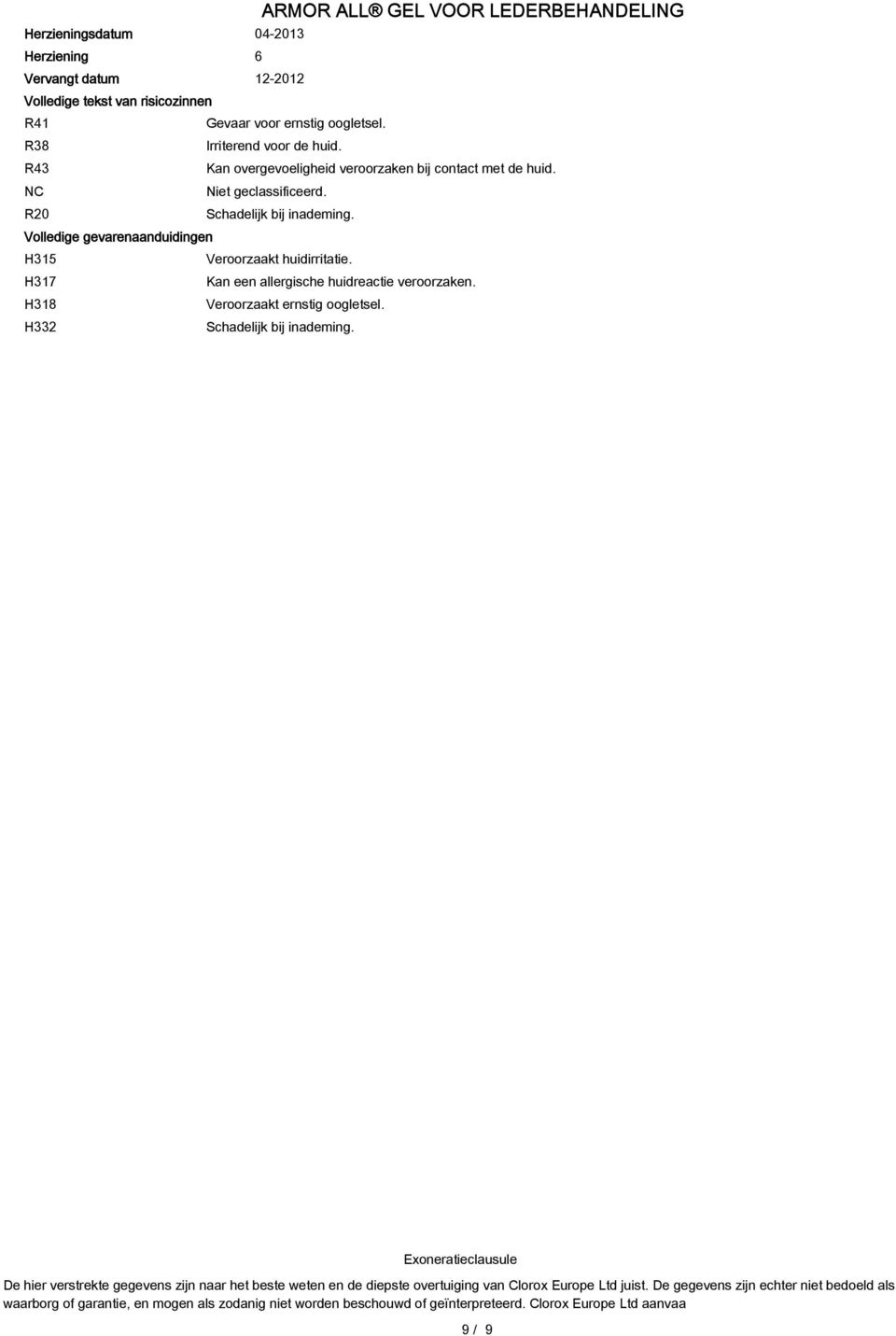 H317 Kan een allergische huidreactie veroorzaken. H318 Veroorzaakt ernstig oogletsel. H332 Schadelijk bij inademing.