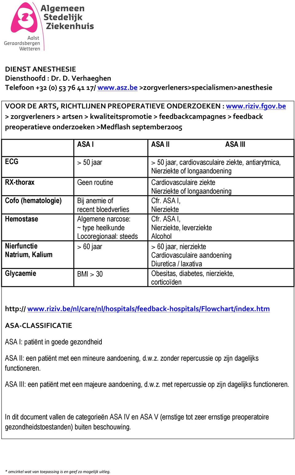 ziekte, antiarytmica, Nierziekte of longaandoening RX-thorax Geen routine Cardiovasculaire ziekte Nierziekte of longaandoening Cofo (hematologie) Bij anemie of recent bloedverlies Cfr.