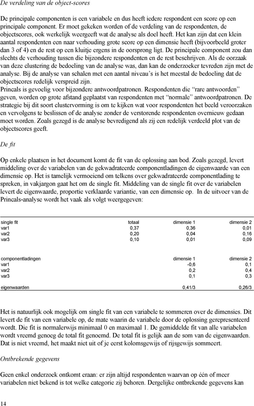 Het kan zijn dat een klein aantal respondenten een naar verhouding grote score op een dimensie heeft (bijvoorbeeld groter dan 3 of 4) en de rest op een kluitje ergens in de oorsprong ligt.