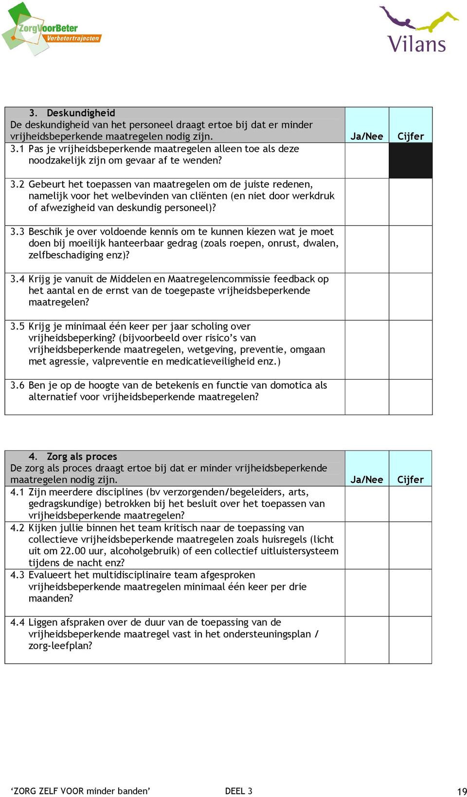 2 Gebeurt het toepassen van maatregelen om de juiste redenen, namelijk voor het welbevinden van cliënten (en niet door werkdruk of afwezigheid van deskundig personeel)? 3.