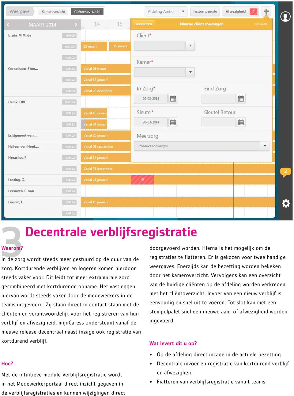 Zij staan direct in contact staan met de cliënten en verantwoordelijk voor het registreren van hun verblijf en afwezigheid.