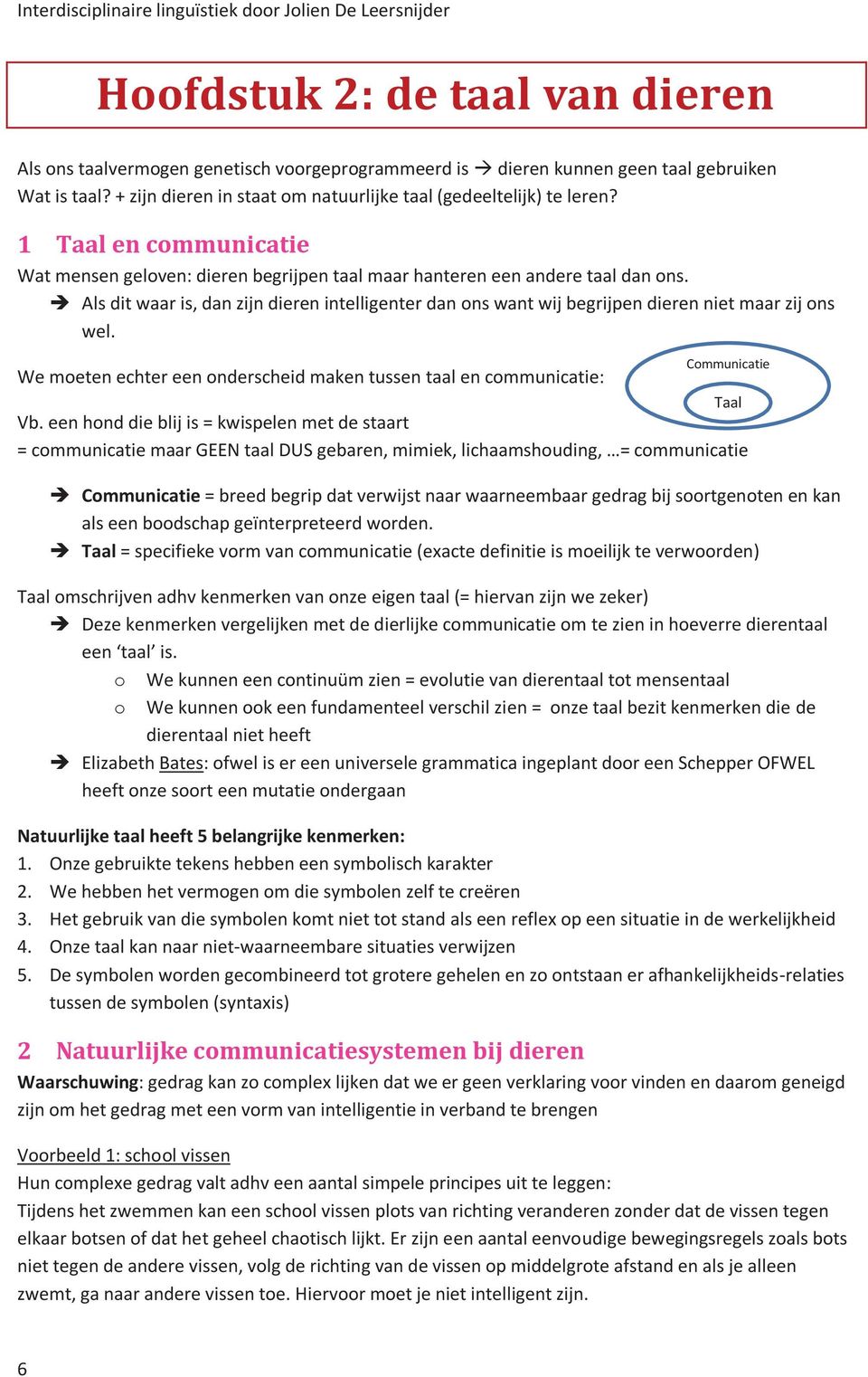 Als dit waar is, dan zijn dieren intelligenter dan ons want wij begrijpen dieren niet maar zij ons wel. Communicatie We moeten echter een onderscheid maken tussen taal en communicatie: Taal Vb.