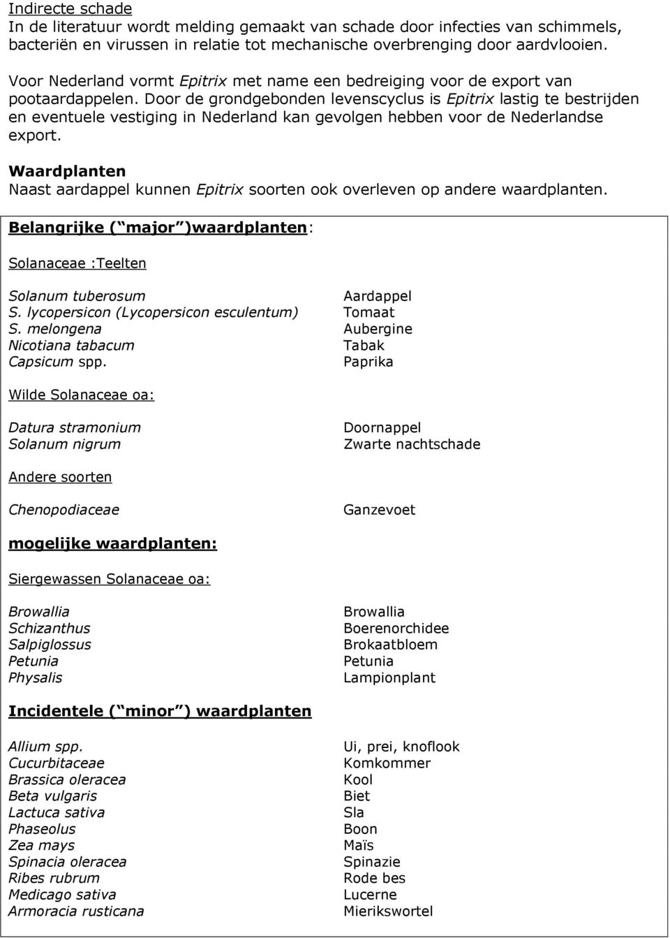 Door de grondgebonden levenscyclus is Epitrix lastig te bestrijden en eventuele vestiging in Nederland kan gevolgen hebben voor de Nederlandse export.