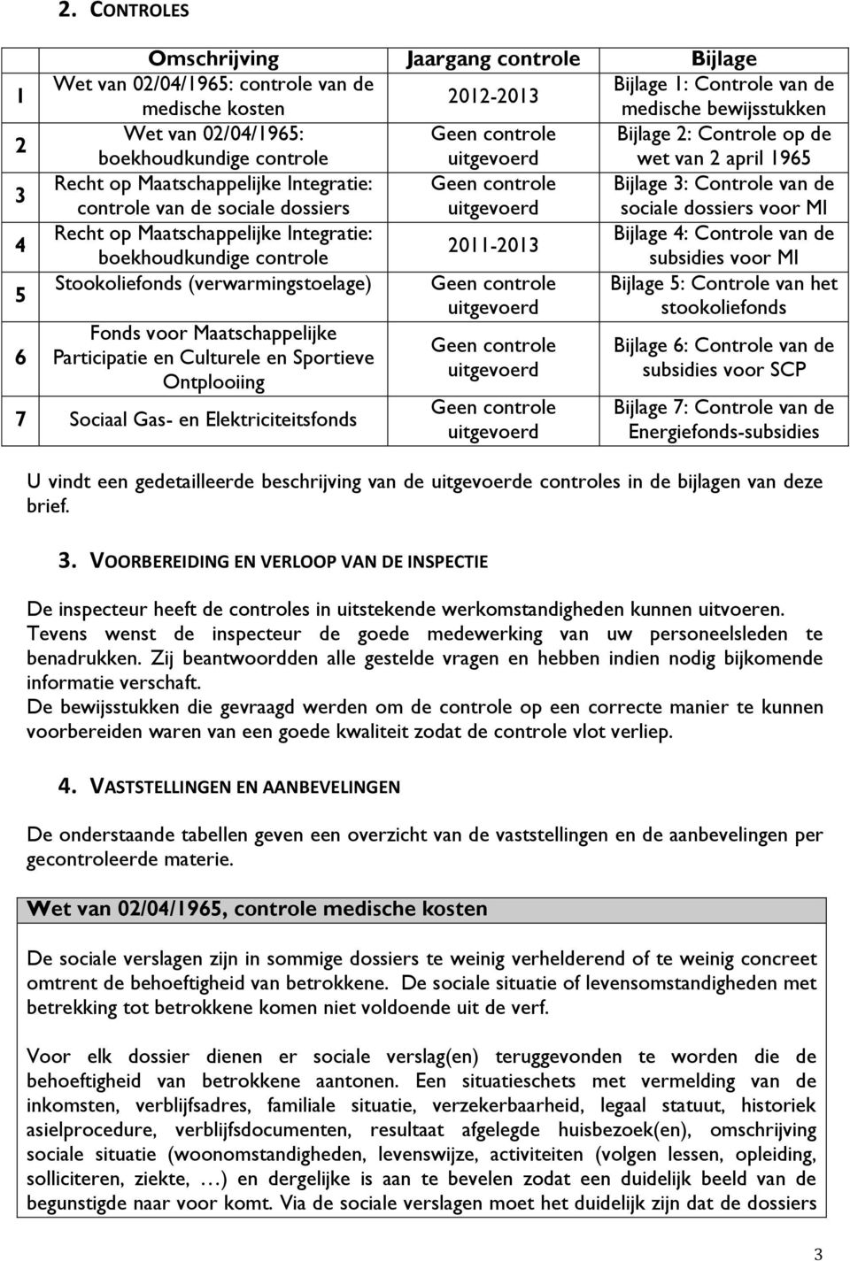 Bijlage 2: Controle op de boekhoudkundige controle uitgevoerd wet van 2 april 1965 Recht op Maatschappelijke Integratie: Geen controle Bijlage 3: Controle van de controle van de sociale dossiers