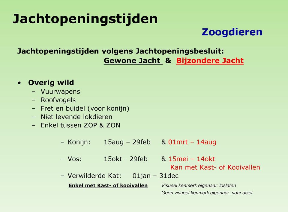 Konijn: 15aug 29feb & 01mrt 14aug Vos: 15okt - 29feb & 15mei 14okt Kan met Kast- of Kooivallen Verwilderde Kat: