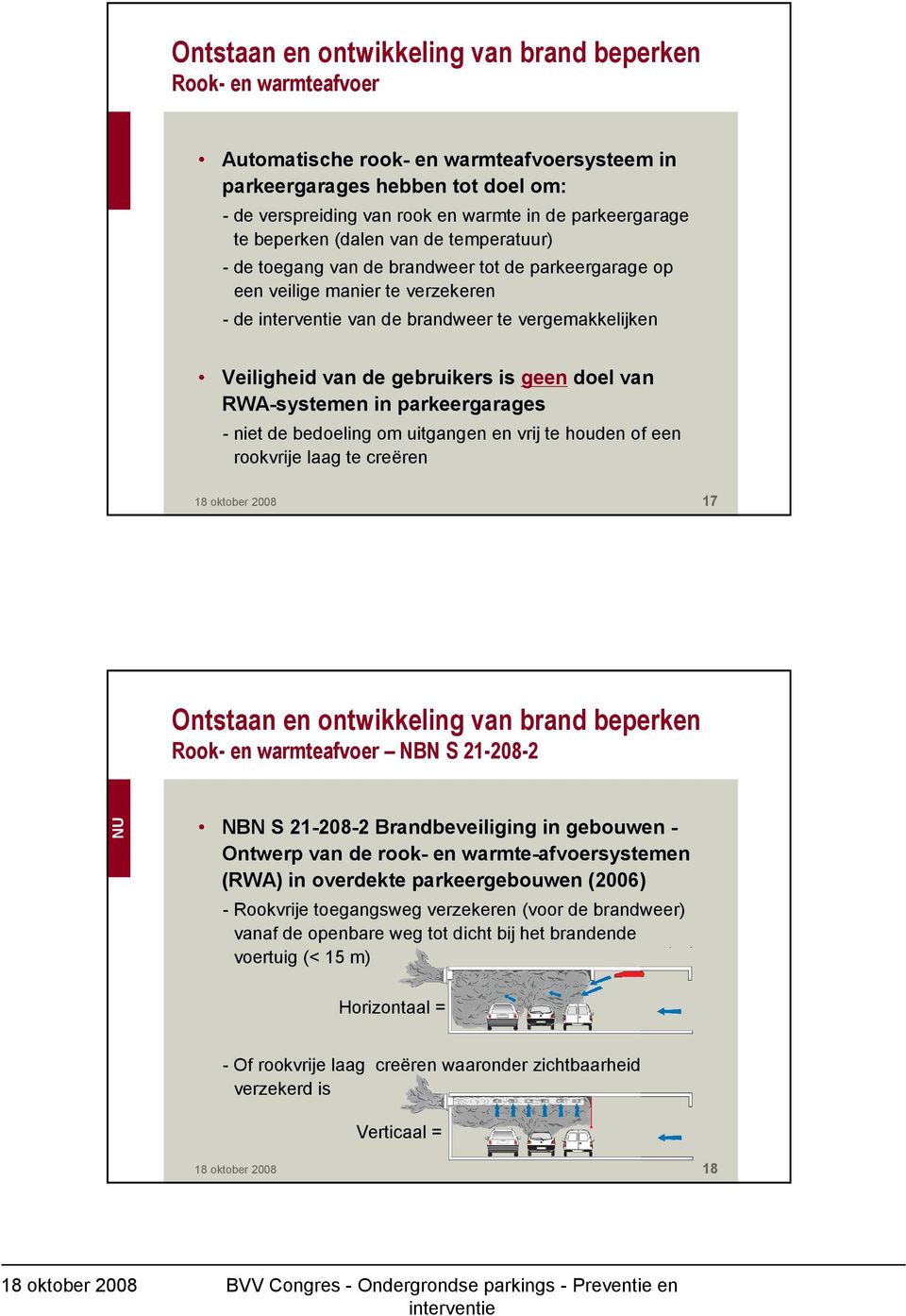 gebruikers is geen doel van RWA-systemen in parkeergarages - niet de bedoeling om uitgangen en vrij te houden of een rookvrije laag te creëren 18 oktober 2008 17 Ontstaan en ontwikkeling van brand