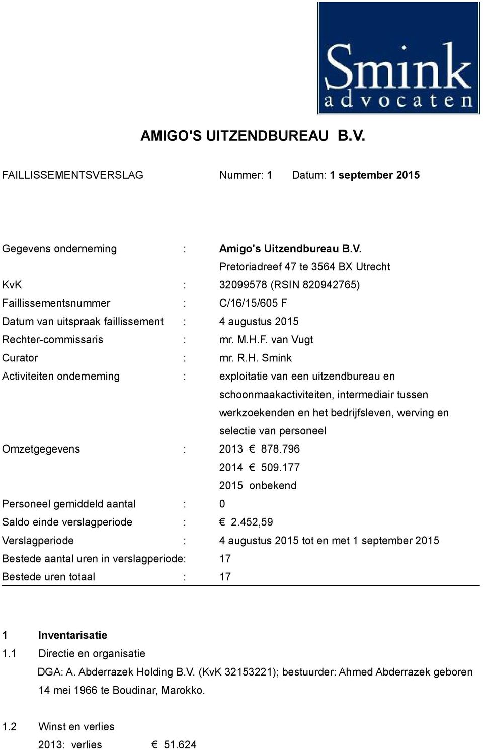 M.H.F. van Vugt Curator : mr. R.H. Smink Activiteiten onderneming : exploitatie van een uitzendbureau en schoonmaakactiviteiten, intermediair tussen werkzoekenden en het bedrijfsleven, werving en