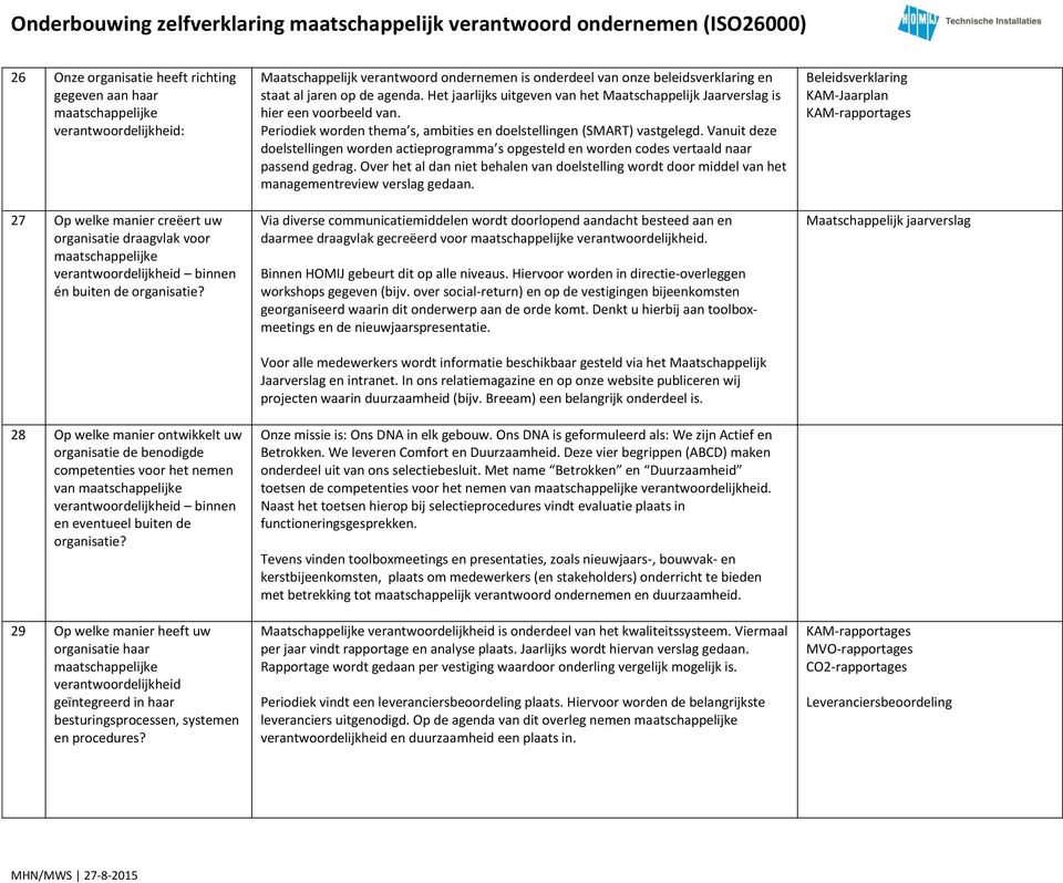 29 Op welke manier heeft uw organisatie haar maatschappelijke verantwoordelijkheid geïntegreerd in haar besturingsprocessen, systemen en procedures?