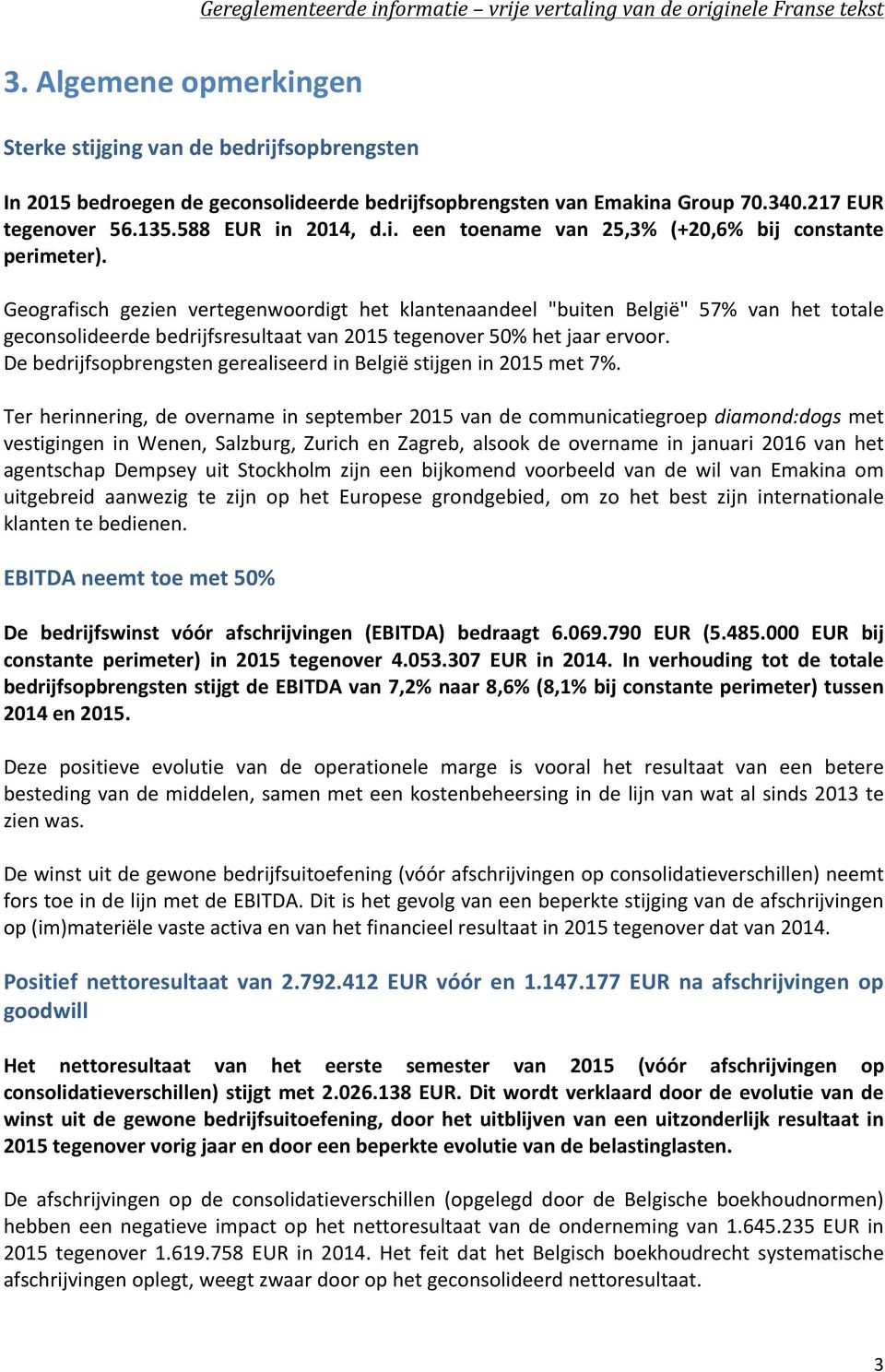 De bedrijfsopbrengsten gerealiseerd in België stijgen in 2015 met 7%.