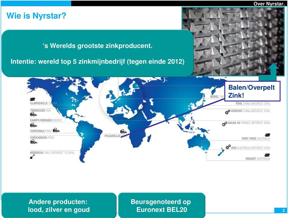 Intentie: wereld top 5 zinkmijnbedrijf (tegen einde