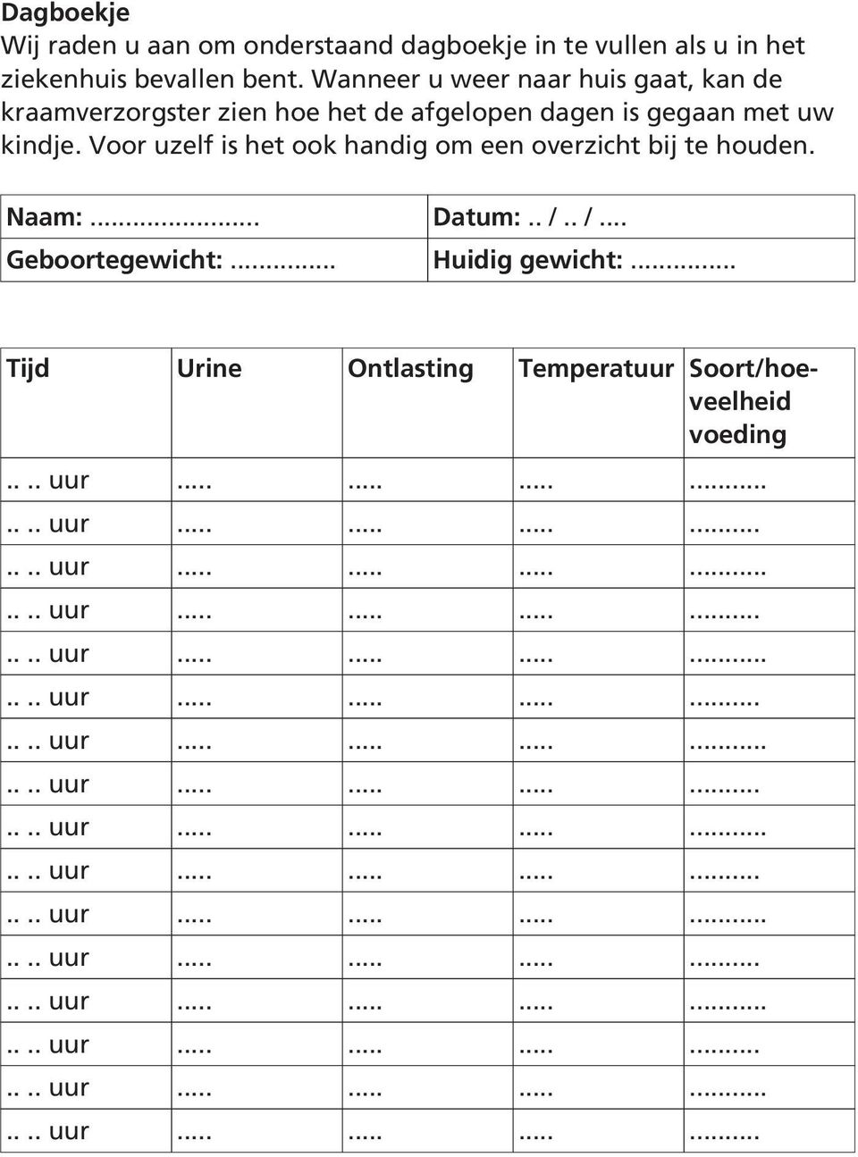 gegaan met uw kindje. Voor uzelf is het ook handig om een overzicht bij te houden. Naam:... Datum:.