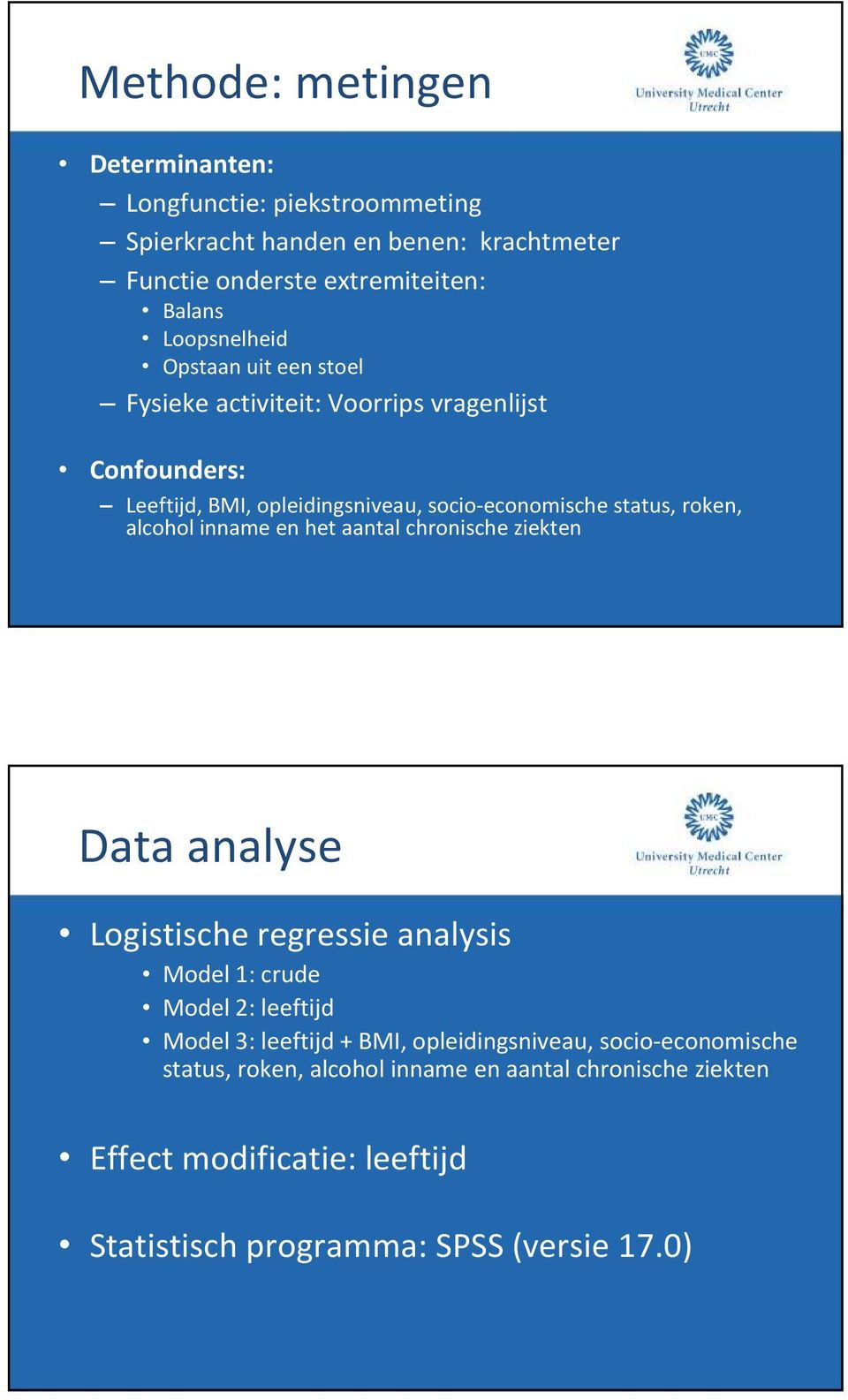 roken, alcohol inname en het aantal chronische ziekten Data analyse Logistische regressie analysis Model 1: crude Model 2: leeftijd Model 3: leeftijd +