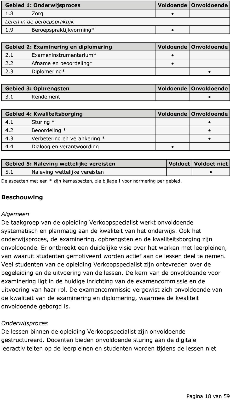 2 Beoordeling * 4.3 Verbetering en verankering * 4.4 Dialoog en verantwoording Gebied 5: Naleving wettelijke vereisten Voldoet Voldoet niet 5.