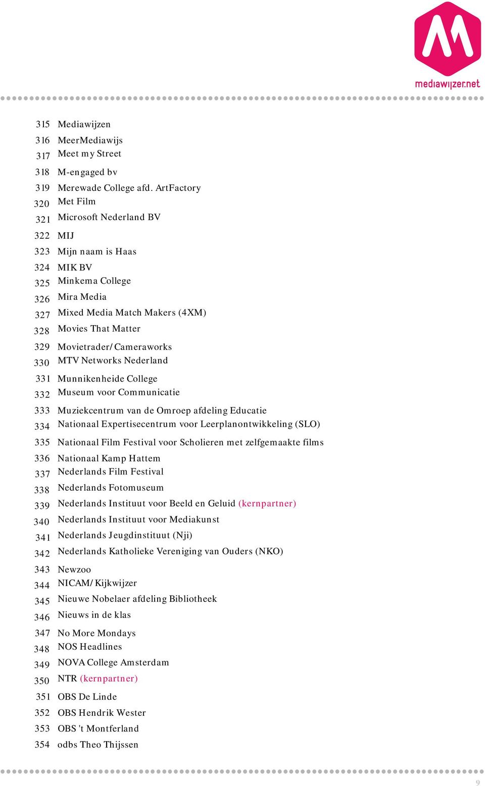 Movietrader/Cameraworks 330 MTV Networks Nederland 331 Munnikenheide College 332 Museum voor Communicatie 333 Muziekcentrum van de Omroep afdeling Educatie 334 Nationaal Expertisecentrum voor