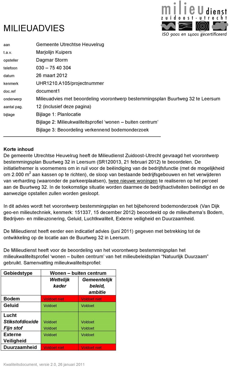 12 (inclusief deze pagina) bijlage Bijlage 1: Planlocatie Bijlage 2: Milieukwaliteitsprofiel wonen buiten centrum Bijlage 3: Beoordeling verkennend bodemonderzoek Korte inhoud De gemeente Utrechtse