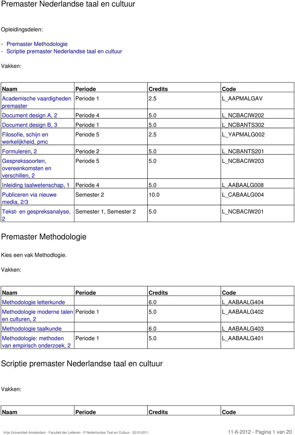 5 L_YAPMALG002 Formuleren, 2 Periode 2 5.0 L_NCBANTS201 Gesprekssoorten, overeenkomsten en verschillen, 2 Periode 5 5.0 L_NCBACIW203 Inleiding taalwetenschap, 1 Periode 4 5.