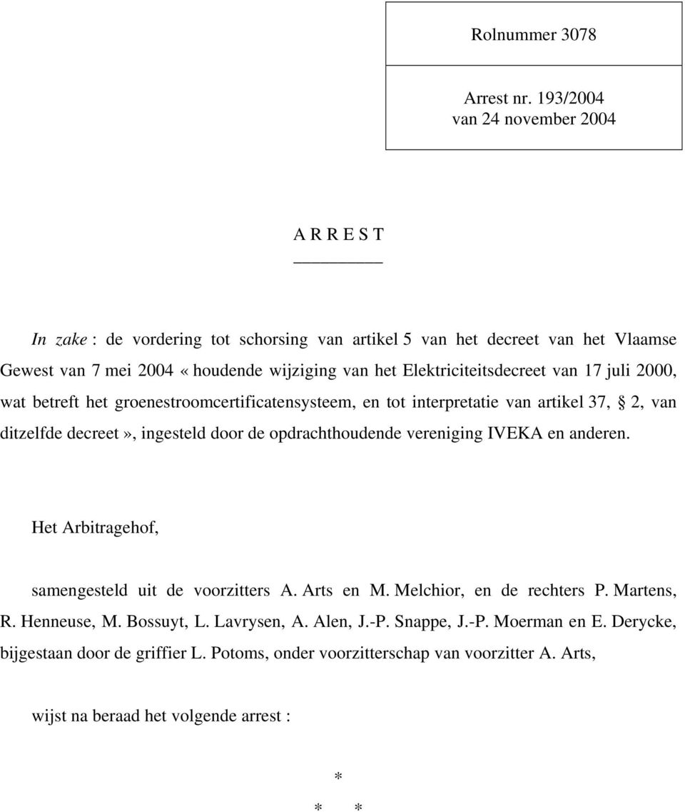 Elektriciteitsdecreet van 17 juli 2000, wat betreft het groenestroomcertificatensysteem, en tot interpretatie van artikel 37, 2, van ditzelfde decreet», ingesteld door de