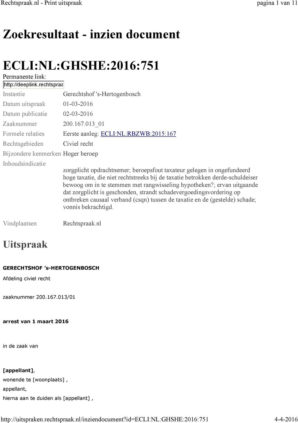 013_01 Eerste aanleg: ECLI:NL:RBZWB:2015:167 Civiel recht Bijzondere kenmerken Hoger beroep Inhoudsindicatie zorgplicht opdrachtnemer; beroepsfout taxateur gelegen in ongefundeerd hoge taxatie, die