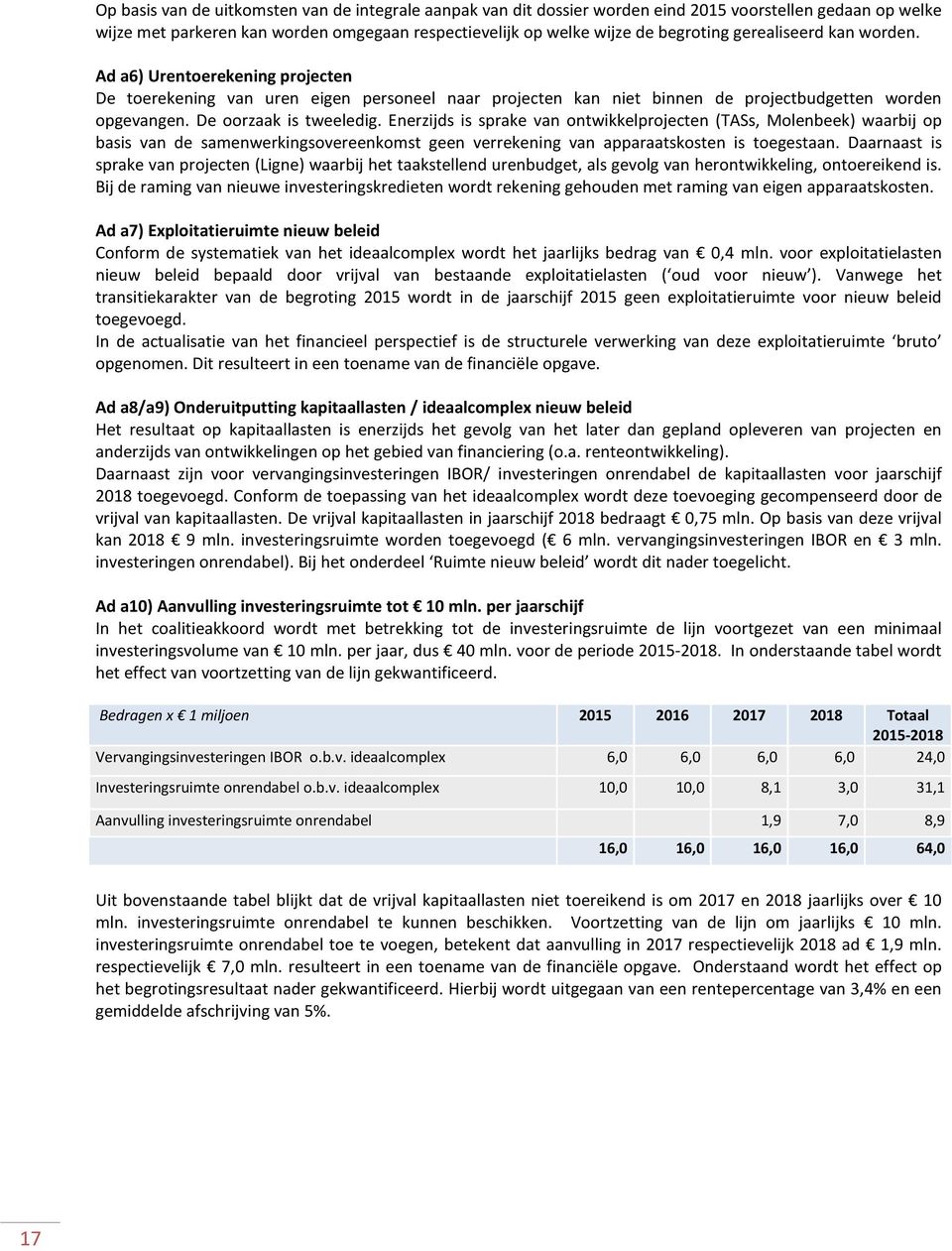 Enerzijds is sprake van ontwikkelprojecten (TASs, Molenbeek) waarbij op basis van de samenwerkingsovereenkomst geen verrekening van apparaatskosten is toegestaan.