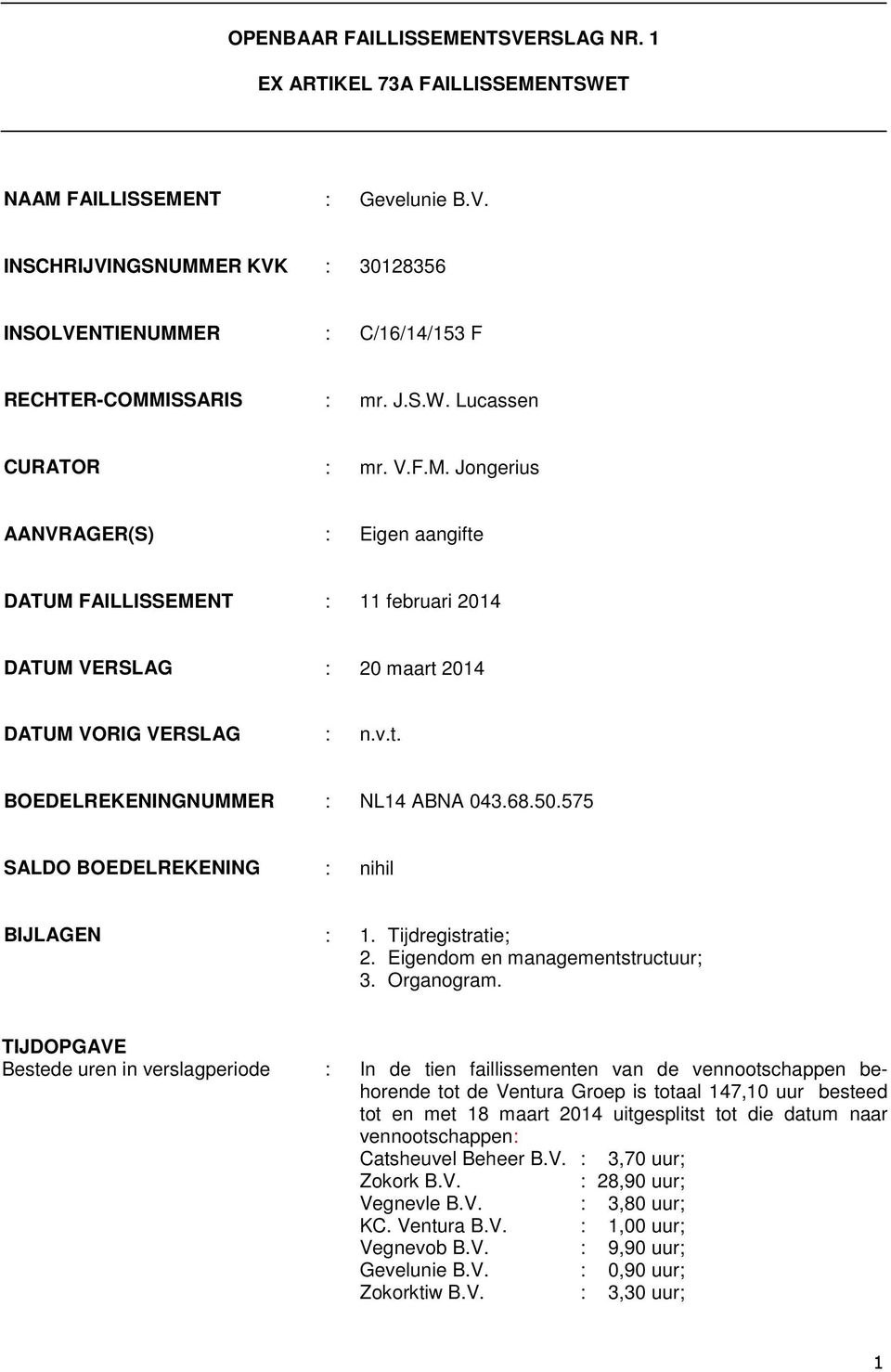 Jongerius AANVRAGER(S) : Eigen aangifte DATUM FAILLISSEMENT : 11 februari 2014 DATUM VERSLAG : 20 maart 2014 DATUM VORIG VERSLAG : BOEDELREKENINGNUMMER : NL14 ABNA 043.68.50.